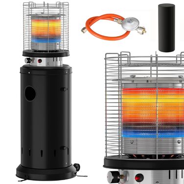 Газовий обігрівач для тераси TLSUNNY з захисною кришкою, на колесах, з піроелектричним запалом, чорний (Газовий балон не входить у комплект)