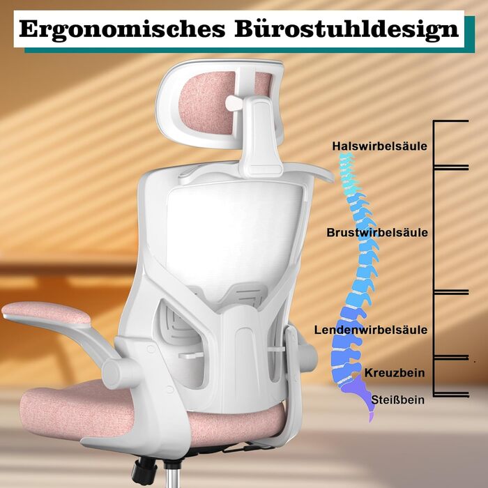 Ергономічне крісло для офісу з регульованою підголівником та поперековою підтримкою – високе офісне крісло з сітчатим спинком та м'яким сидінням, вішалка для одягу та функцією блокування (білий та рожевий)