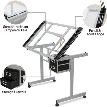 Регульований стіл для малювання Magshion з нахиленою скляною стільницею, переносний з 2 шухлядами та колесами, для художників, студентів (прозорий)