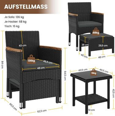 Садовий набір меблів Yaheetech 5 предметів: 2 крісла, 2 пуфи, столик для балкона та тераси (чорний та сірий)