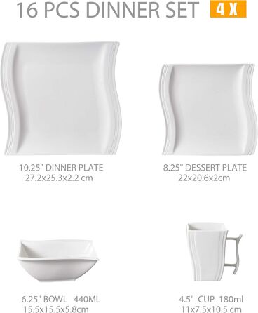 MALACASA Комплект посуду серії Flora – 60 предметів для 12 осіб – кремово-білий порцеляновий сервіз з квадратним дизайном (тарілки, чашки, блюдця) – підходить для миття в посудомийній машині та для використання в мікрохвильовій печі, білий