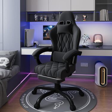 Ігровий крісло JUMMICO з тканини та підлокітниками з піною, ергономічний офісний крісло з масажером. Крісло має підголівник, підставку для ніг, регулювання висоти. Максимальне навантаження: 150 кг, чорний колір