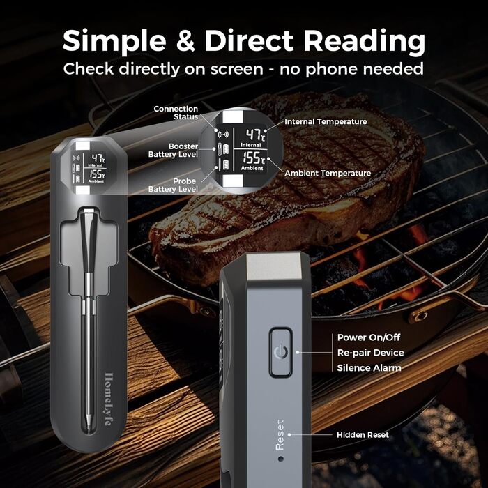 Бездротовий термометр для м'яса - Smart Bluetooth, ±1°C, водонепроникний IP67, 24 год роботи, 250м, для духовки, BBQ, Smoker, фритюрниці