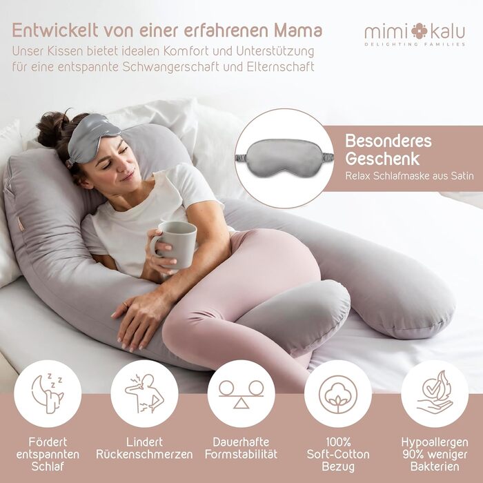 Подушка для сну на боці Mimi Kalu® Original з Memory Foam, 130 x 70 см, платиново-сіра | Подушка для вагітних, подушка для годування, м'яка подушка | З чохлом з 100% Soft-Cotton та маскою для сну