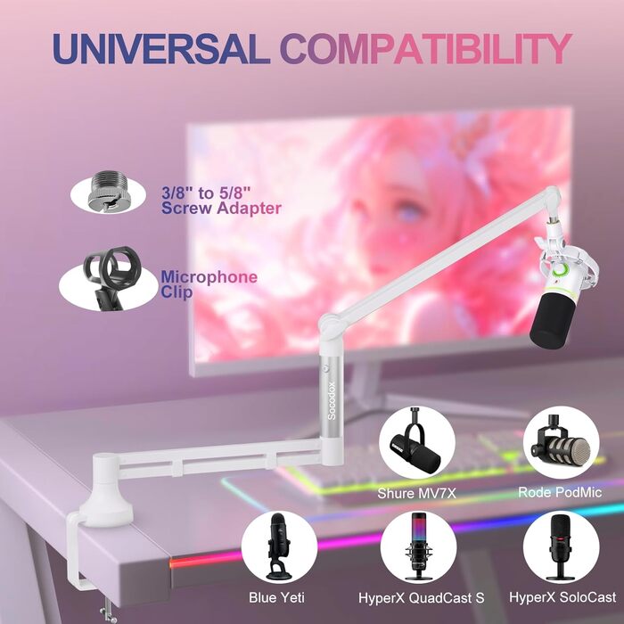 Мікрофонний стійкий кронштейн Low Profile для Blue Yeti, подкастингу та геймінгу, білий - до 2 кг, адаптери 3/8