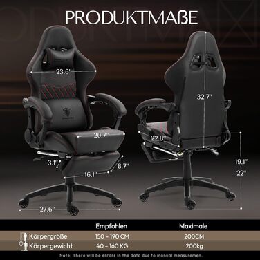 Ігровий крісло Dowinx з регульованою підніжкою, масажним поперековим валиком та офісним комфортом, до 200 кг, кут нахилу спинки 165°, чорний