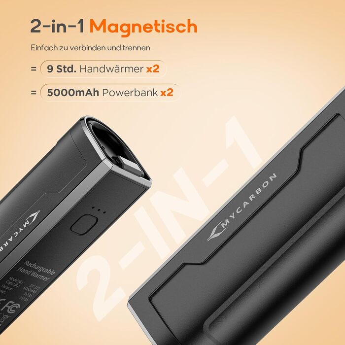 Електричний грілка для рук MyCARBON 10000 mAh USB-C, 9 годин роботи, 3 режими, багаторазовий, для жінок та чоловіків, подарунок для кемпінгу, туризму, гольфу