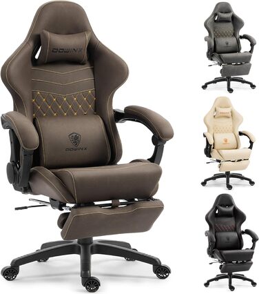 Ігровий крісло Dowinx з регульованою підніжкою, масажером попереку та офісним комфортом, до 200 кг, нахил спинки 165°, коричневий