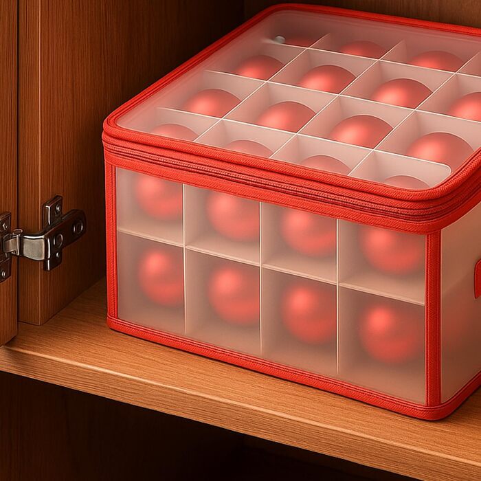 Коробка для зберігання 32 ялинкових прикрас Com-Four® - Сортувальник для ялинкових кулі та новорічного декору - Прозора/Червона