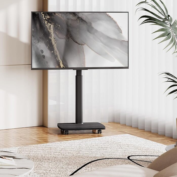 Підставка для телевізора на колесах з полицею, чорна, поворотна, регульована по висоті, VESA 400x400, для телевізорів 32-65 дюймів