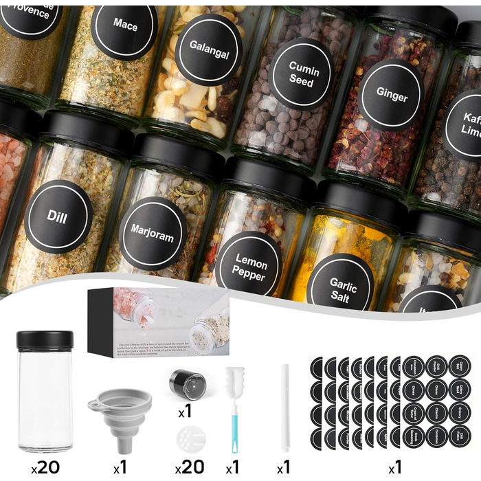 Набір скляних банок для спецій FRIBERG з дозатором, 20 шт. по 120 мл, чорний колір