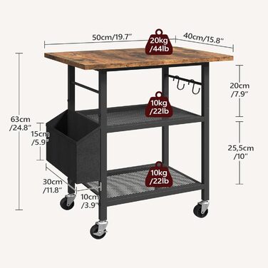 Трирівневий стіл для принтера з ящиком, контейнер на коліщатках, стійка для принтера, полиця для зберігання, в стилі індустріального лофту, з бічною кишенею, дерев'яна полиця, 2 S-гачки, для домашнього офісу, рустикально-коричневий та чорний, APTHR2501, 5