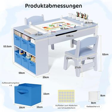 Дитячий стіл зі стільцями, комплект з дерева, дитяча група сидіння з місцем для зберігання, стіл для малювання з рулоном паперу, стіл для малювання та рукоділля для дітей від 3 років (Блакитний)