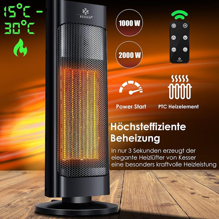 Обігрівач KESSER® 2000W з пульт дистанційного керування, керамічний, тихий, з осциляцією, таймером, 15-30°C, чорний
