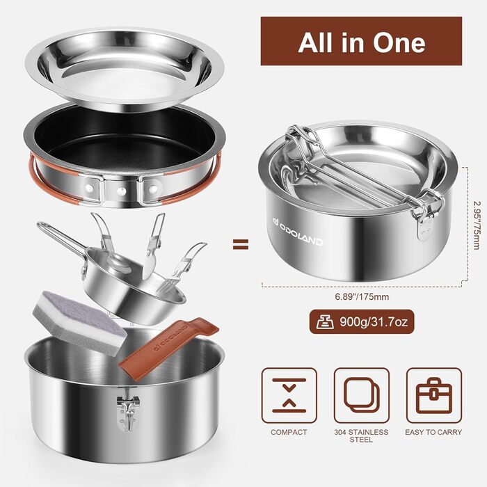 Набір посуду для кемпінгу Odoland: каструля, сковорода, тарілки, миски, столові прибори (10 шт.) з антипригарним покриттям та шкіряним чохлом