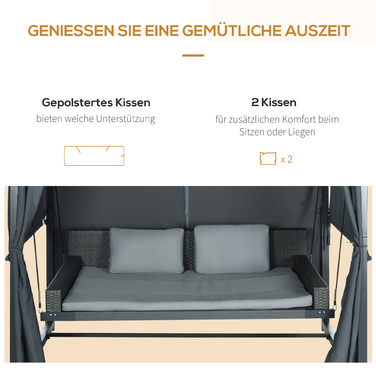 Садовий гамак-крісло з ротангу PE з балдахіном, включаючи подушки, стійкий до погодних умов, розмір 235 см x 180 см x 210 см, сірий