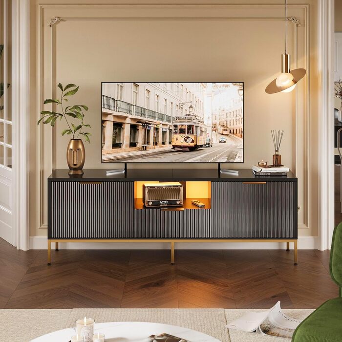 Тумба під ТВ Bestier для телевізора 55/60 дюймів, глянцево-чорна: сучасна медіа-консоль з полицями для вітальні та спальні