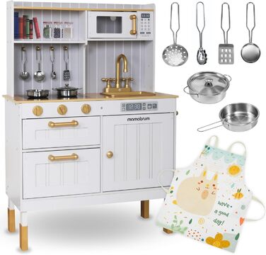 Дерев'яна дитяча кухня Mamabrum з LED-підсвічуванням - іграшковий кухонний набір з висотою, що регулюється, з приготуванням кубиків льоду, мікрохвильовою піччю, плитою та посудомийною машиною - іграшка для дітей від 3 років (Білий)