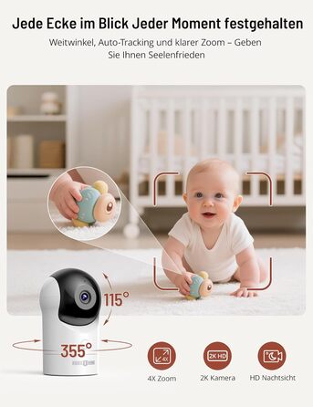 Відеоняня PARIS RHÔNE з 2 камерами, WiFi, 2K UHD, нічник, датчик руху/плачу, контроль температури та вологості, колискові