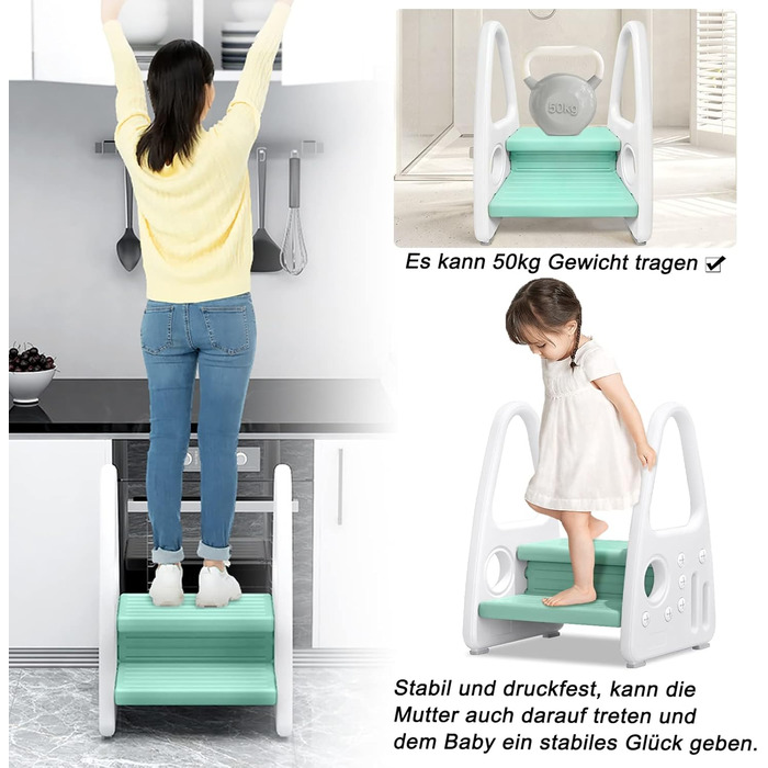 Детский табурет-лестница LILIIN для кухни и детской, 2 ступени, зеленый