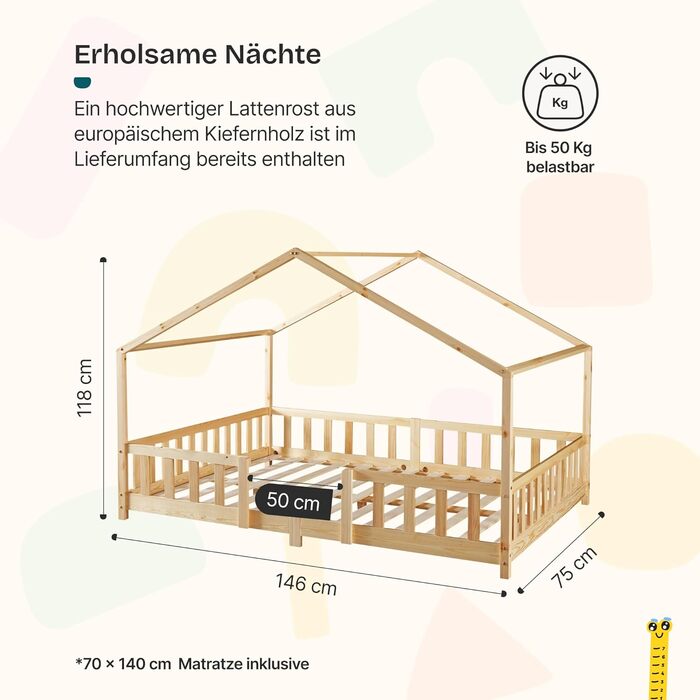 Дитяче ліжко en.casa Treviolo з матрацом, будиночок, ліжко-платформа для дітей, захист від падіння, ліжко Montessori, ігрове ліжко, сосна, білий (дерево, 70 x 140 см)