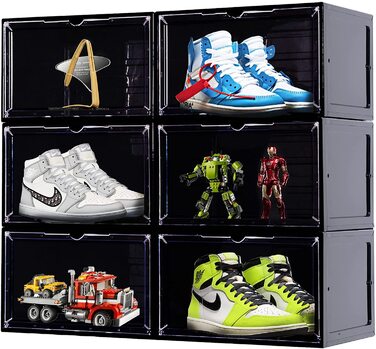 Коробка для взуття SINUOLIN, органайзер для зберігання взуття 2023, 6 упаковок, світлодіодний, прозорий пластиковий, складаний, бічний передній дисплей, складний контейнер для кросівок, підходить для взуття розміром до 12 (чорний) (коробка для взуття 6 шт