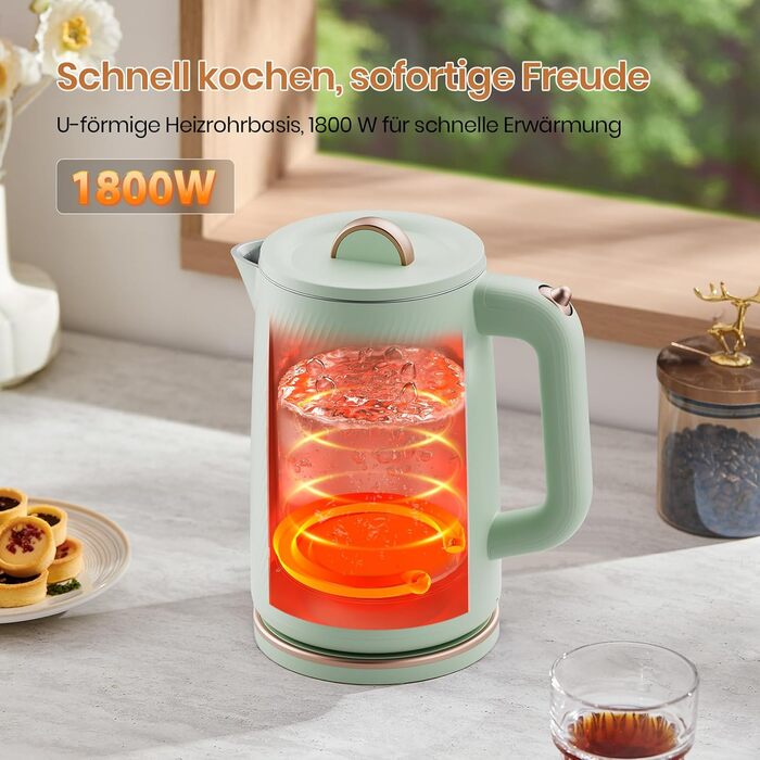 Електричний чайник OLEGA 1.8L, 1800W, з автоматичним відключенням та захистом від сухого кип'ятіння, нержавіюча сталь 304, без BPA, зелений