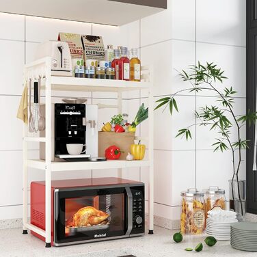 Регульована полиця для мікрохвильової печі, розширювана стійка-організатор для кухні, міцна з вуглецевої сталі, з 8 гачками (3-рівні, білий)