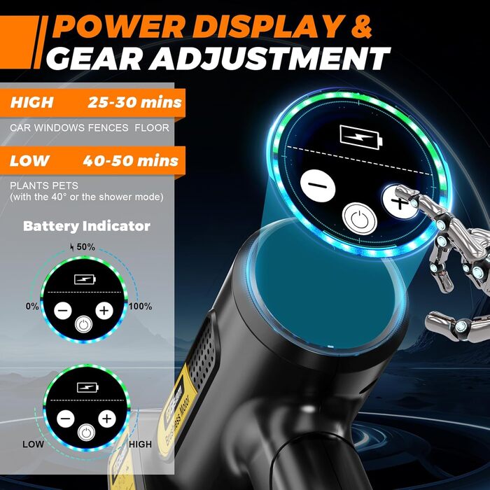 Акумуляторний високонапірний мийник Gisam, 65 Bar, 943 PSI, 2 x 4000mA, з піноплавником, 6-в-1 насадка, поворотна на 180° для авто (Gisam-01)