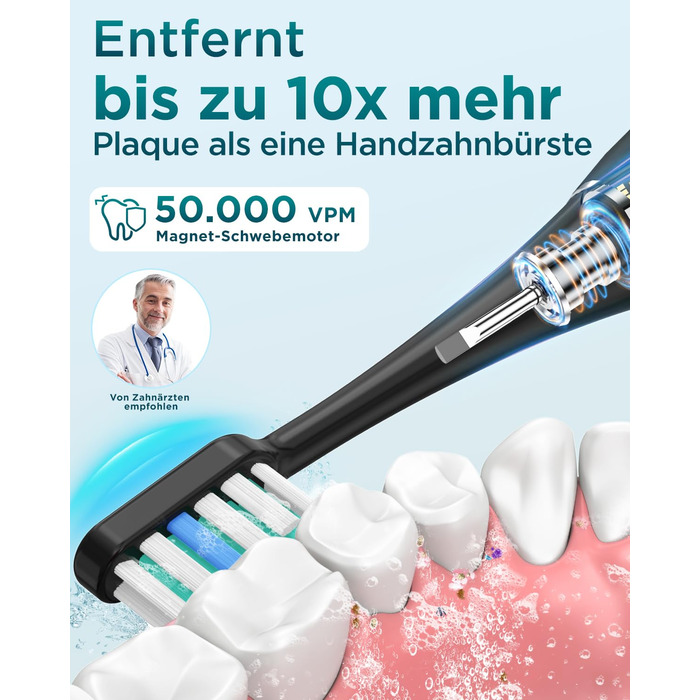 Електрична зубна щітка для дорослих і дітей - звукова, 8 насадок (3 типи), 90 днів роботи, 5 режимів, 50000VPM, кейс для подорожей, таймер, чорна