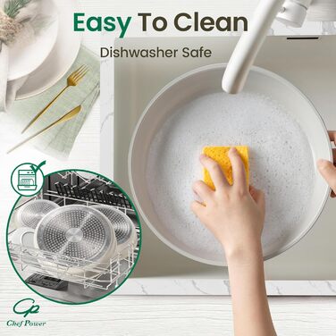 Набір кухонного посуду Chef Power Keramik, 19 частин: сковорідки та каструлі з антипригарним покриттям, без PFOA, PTFE, PFAS, для індукційних плит, сумісний з духовкою, миється в посудомийній машині, кремово-білий (Granite Grey & Cream White)