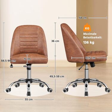 Офісне крісло Yaheetech з регулюванням висоти, ергономічне, оббивка з тканини, поворотне, без підлокітників, для офісу та дому, колір: коричневий (Retro-brown)