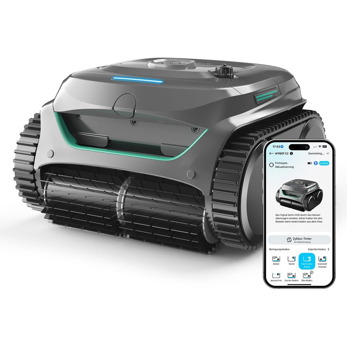 Робот-пилосос для басейну WYBOT C2: акумуляторний, для вбудованих басейнів до 150㎡, подвійне фільтрування, потужний двигун, чистка дна та стін, 180 хвилин роботи, керування через додаток (чорно-зелений-сірий)