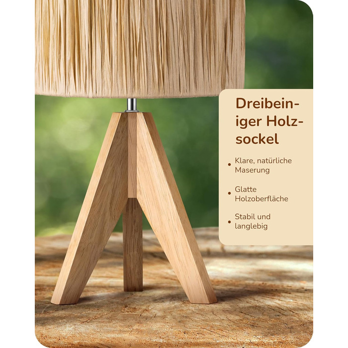 EDISHINE Настільна лампа з ручним плетінням, тепле світло 2700K, дерев'яний штатив, Boho стиль, для спальні, вітальні, готелю, з LED лампою E27 4W, абажур з ротангового паперу