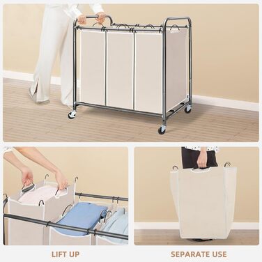 Сортувальник для білизни Storage Maniac з 3 відділеннями, 136 л, з міцними колесами, знімні кишені, кошик-органайзер для одягу (Бежевий)