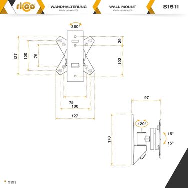 Кріплення для монітора RICOO S1511: настінна підставка для монітора 13-29 дюймів, гнучка, регульована, VESA 75/100 мм