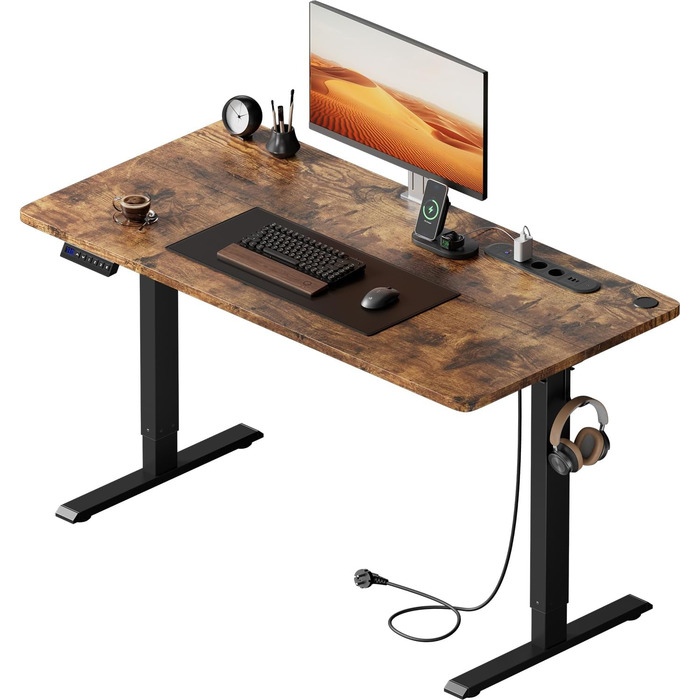 Регульований стіл з USB-портом та розеткою, 100 x 60 см. Електричний стіл, комп'ютерний стіл з пам'яттю, білий (коричневий)
