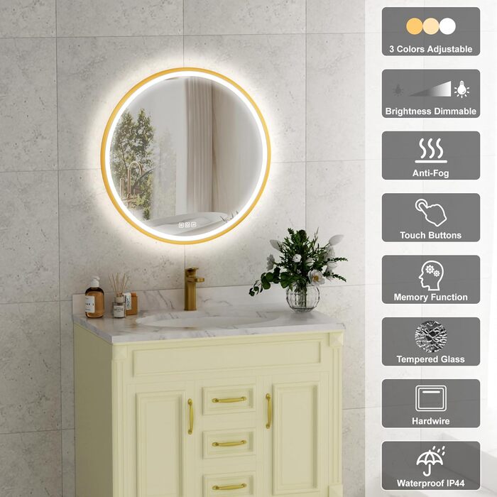 Дзеркало для ванної кімнати Furduzz з LED-підсвічуванням, 700 мм, сенсорне керування, диммування, 3 кольори, протизапотівання, пам'ять, золота рамка (60x60 см)