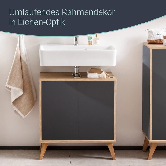 Умивальник FACKELMANN Finn коричневого кольору, 60 см, ретро-стиль, Push-to-Open, без ручок, Made in Germany (Антрацит, тумба під умивальник на ніжках)