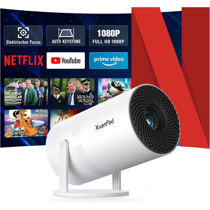 Проектор XuanPad з WiFi та Bluetooth, 30000L, 1080P, обертання 210°, автоматичне вирівнювання зображення, захист від пилу та теплообмін, сертифікований Netflix