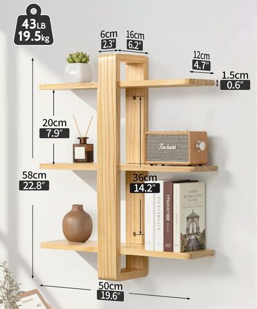 Полиця настінна SUMGAR з дерева, плаваюча, три яруси, 50x58 см (біла/дерево) для вітальні, спальні