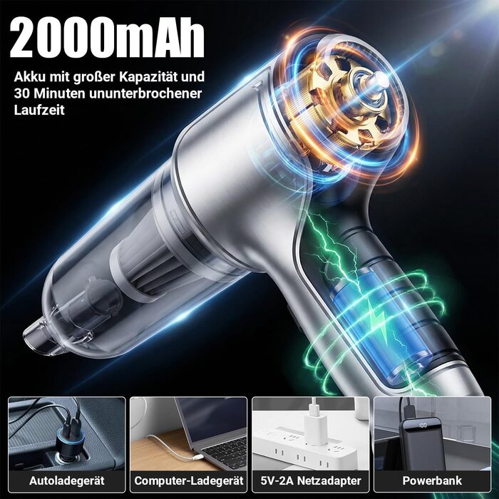 Акумуляторний ручний пилосос 18000Па 120Вт, портативний міні-пилосос для авто, дому та кухні, для вологого та сухого прибирання (шерсть тварин), чорний