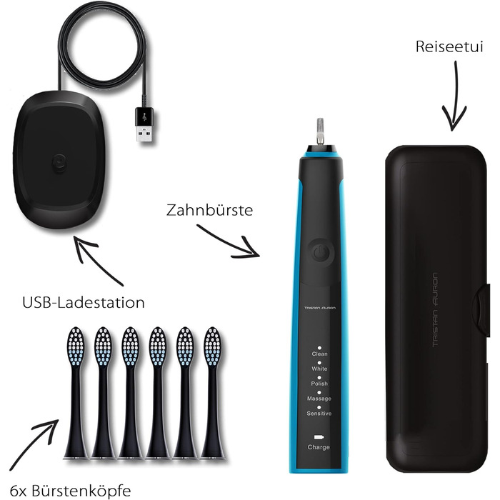 Електрична зубна щітка Tristan Auron SonicMaster (Блакитна) - 6 голів + чохол - 5 режимів, 55000 VPM, таймер 2 хв, 100 днів гарантії