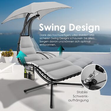 Кесер® Плаваюча лежанка з парасолькою, гамак-лежанка, сонячна лежанка H200, L194, B100 см, лежанка для відпочинку, гамак-шезлонг, до 120 кг, з подушкою для шиї, сумка в комплекті (Сірий)