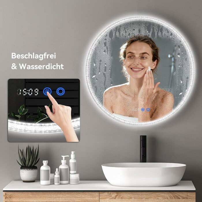 Дзеркало для ванної кімнати YOURLITE з підсвічуванням, діаметр 60 см, LED, 3 кольори, регулювання яскравості, сенсорна кнопка, антизапар, пам'ять, IP44, срібний