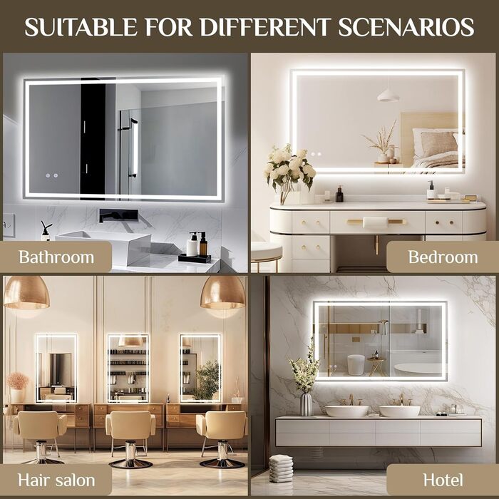 Дзеркало для ванної кімнати з підсвічуванням 80x60 см, LED дзеркало з 3 кольорами світла, регулюванням яскравості, захисне скло, сенсорне управління, функція пам'яті, запобігання запотіванню, для ванної кімнати