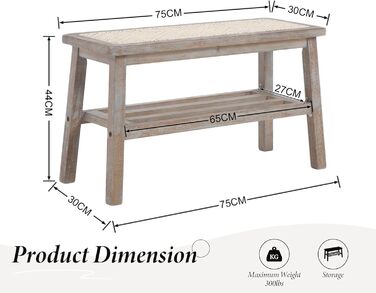 Лавка для взуття Wahson з ротанга, 2 яруси, сільський стиль, 30x75x44 см, натуральне дерево