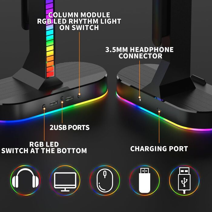 Підставка для двох ігрових навушників з RGB-підсвіткою, USB-зарядкою, аудіороз'ємом 3,5 мм, для геймерів, настільна, для ПК