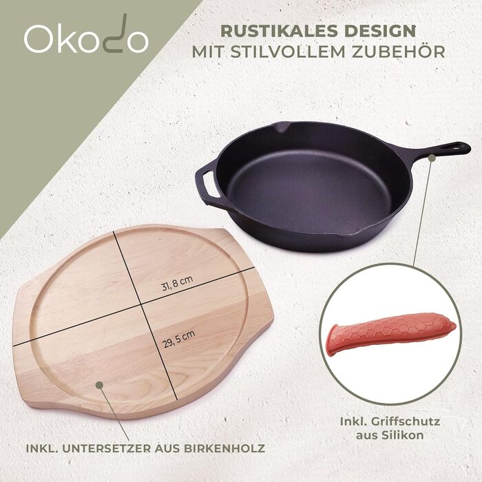Чавунна сковорода Okodo (Ø 31 см) в комплекті з підставкою з березового дерева та захистом ручки