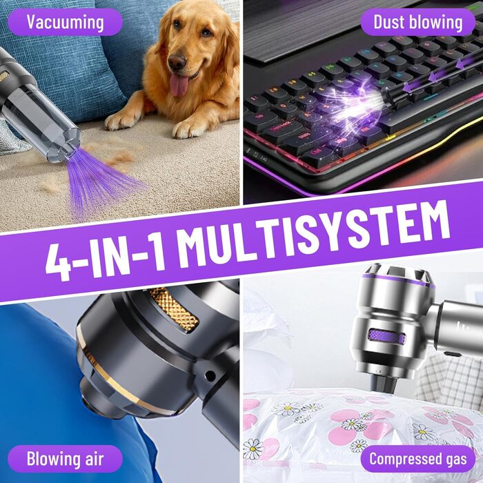 Акумуляторний ручний пилосос 4 в 1 для авто та дому, безщітковий двигун 22000Па, потужність 6000 мАг, портативний електричний пилосос-подув з набором щіток (Сріблясто-фіолетовий)